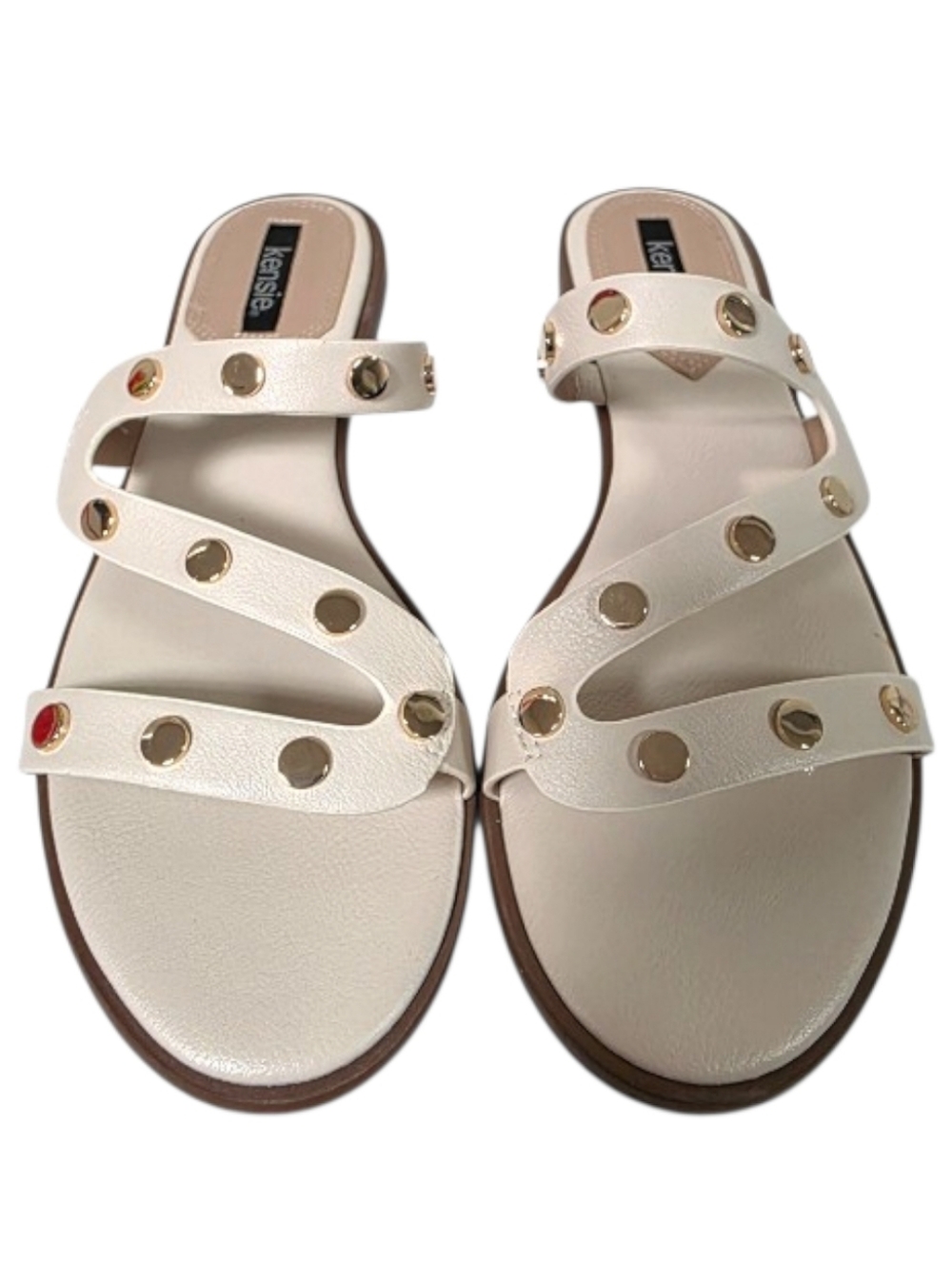 NWT Kensie Gold Studded Cream Flat Slide Sandals Zig Zag Straps Size 8
